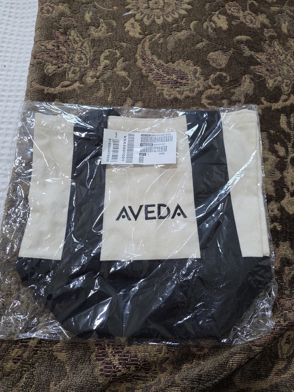 AVEDA Black and Cream Striped Canvas Tote